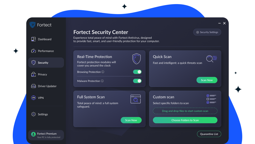Fortect PC Suite dashboard showing scan results