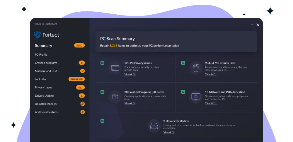 Fortect PC Suite dashboard showing scan results